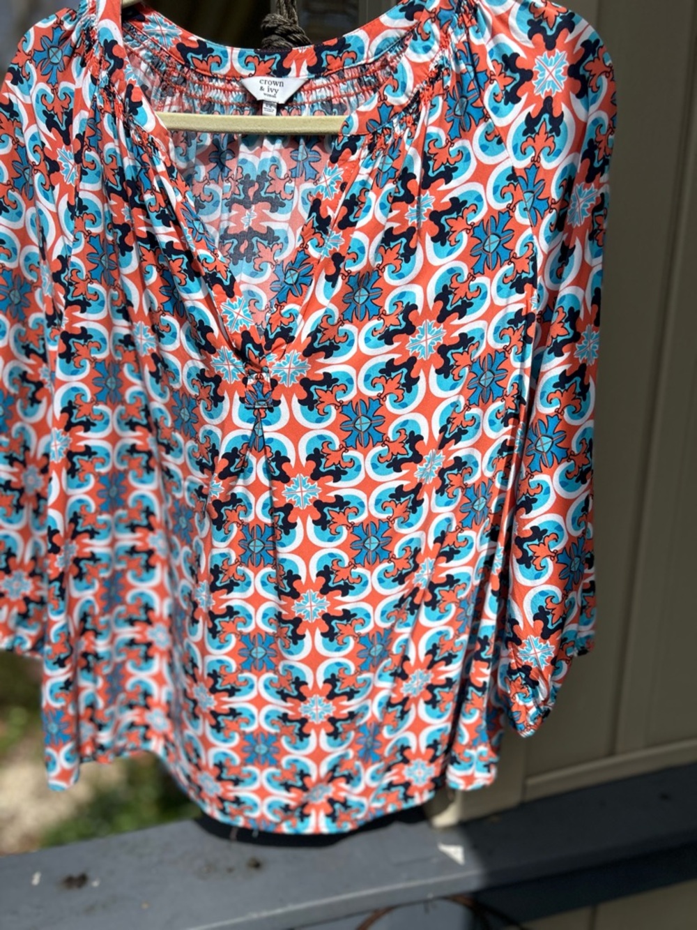 crown & ivy Coral and Turquoise Geometric V-Neck Tunic